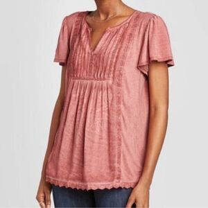 Knox Rose Pink Jam Flutter Short Sleeve Lace Panels Blouse Top Size M